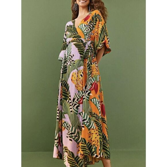 FARM RIO Mixed Striped Bananas Maxi Wrap Dress, Size XS - Picture 2 of 14